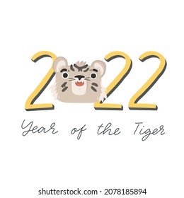 2022 new year card with cute tiger illustration. 2022 lettering. Festive vector square card template with  Chinese symbol of the New Year.