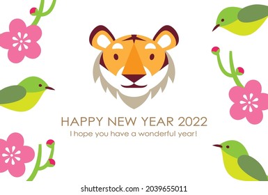 2022 New year card design. Tiger,plum flowers and bush warbler. In japan, set of warbler and plum flower is one of the auspicious things.