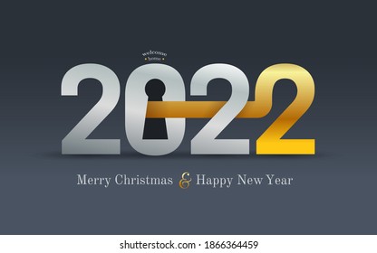 2022 New Year card for real estate company. Happy new year 2022 concept with golden key and door lock. Realty design. Welcome home. Vector illustration. Isolated on black background.