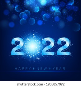 2022 New Year card template with glittering numbers and firework on dark blue background