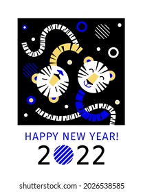 2022 New Year card template with tiger. Chinese New Year. White Tiger. 2022 concept. Template design for invitation, banner, greeting card, cover. Creative geometric vector. Blue, gold, black, white.