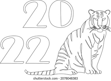 2022 New year card with tiger one line art. Continuous line drawing of new year holidays, christmas, chinese new year, symbol of the year, tiger, wild cat.