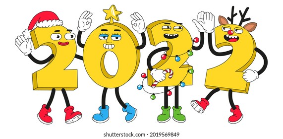 2022 New Year cartoon characters. Vector illustration with comic numbers. Poster in trendy weird cartoon style. Happy New Year greeting card.