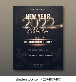 2022 New Year Celebration Flyer Design With Lights Effect And Snowflakes In Black Color.