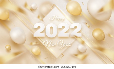 2022 new year celebration luxury background with balloons, ribbon blurred and sparkle golden line elements