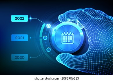Neujahr 2022 Knopf für Schaltstufen auf 2022. Wireframe Hand-Einstellknopf auf Jahresposition 2022. Schönes neues Jahr. Das neue Jahr kommt Konzept. Vektorgrafik.