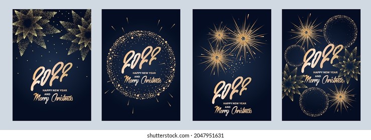 2022 New Year and Christmas. Fireworks, golden garlands, sparkling particles. Set of Christmas sparkling templates for holiday banners, flyers, cards, invitations, covers, posters. Vector illustration