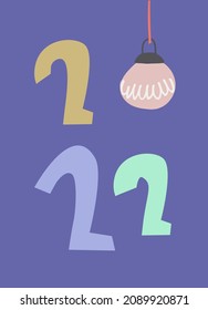 2022 New Year, Christmas logo, greeting card template. Hand lettering with bauble as figure 0 on light-colored background in trendy hygge Nordic style. The colors of the 2022 year Very Peri