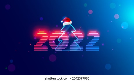 2022 New Year. Christmas Tree With Digital Number Year In Neon Light. Celebration Banner In Computer Cyberpunk Technology Style. Christmas Party Event Poster In Tech Cyber Decoration. 2022 On Blue.