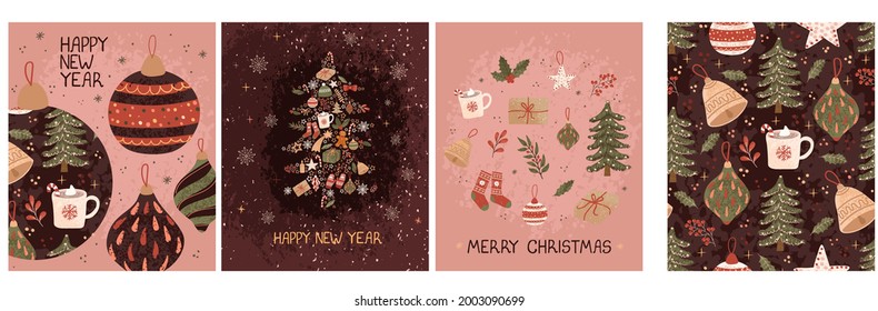 2022 Nuevo año colorido conjunto de vectores con tarjeta de felicitación navideña con ilustración de árbol de Navidad, juguetes de bola navideña y patrón de Seamless. Usar como invitación, afiche, banner, otro diseño gráfico