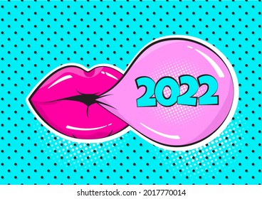 2022 New Year comic vector gum bubble and pink lips on polka dot background. Greeting card in pop art style. Holiday illustration