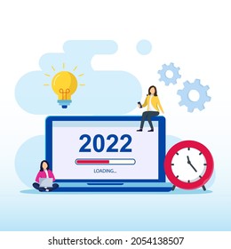 2022 New Year concept: Businesswoman with 2022 ideas and loading on laptop. Flat vector template style Suitable for Web Landing Pages.