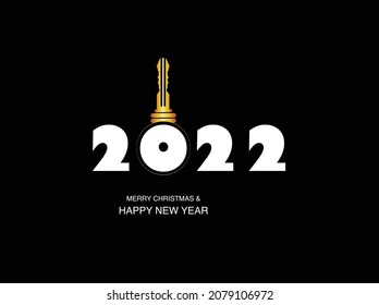 2022 new year concept for card and real estate company. Merry Christmas and happy new year concept with key and door lock. Realty. Vector illustration. Isolated on black background.