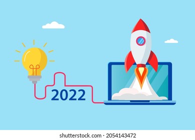 2022 New Year Concept, Start Up Rocket Launch With Laptop, Cloud And Lamp Conceptual Design Illustration Vector.