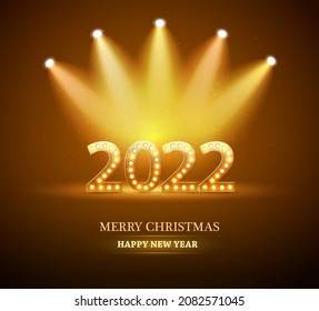 the 2022 New Year Count Symbol with Light Bulbs and Spotlights, vector