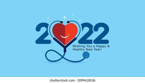 Nuevo año 2022 diseño creativo con estetoscopio médico, símbolo de corazón feliz y cuidado de la salud