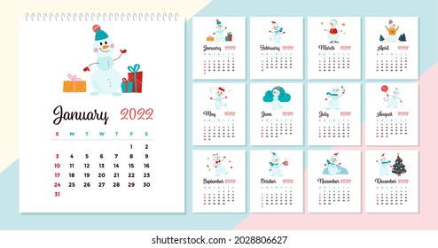 Año nuevo 2022 calendario mensual creativo para niños con diferentes plantillas de diseño de personajes de nieve graciosos y lindos. Ilustraciones dibujadas a mano plana vectorial.