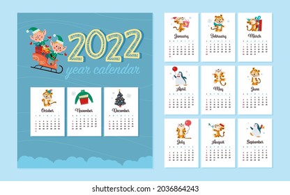 2022 new year creative monthly calendar for kids with cute funny tigers animals, penguins, elf characters design template. Vector flat simple illustration.
