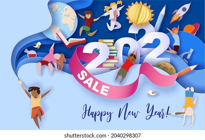 2022 New Year Design Card With Kids On Blue Background. Vector Illustration. Paper Cut Art And Craft Style.