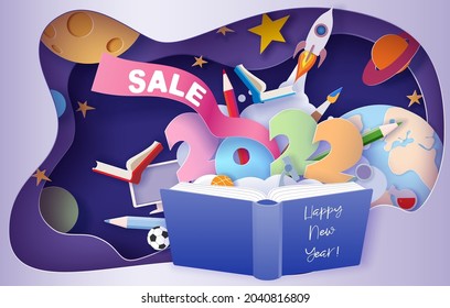 2022 New Year design card sale background. Paper cut education supplies set in trendy paper cut craft style. Modern origami teaching and learning design. Vector illustration.