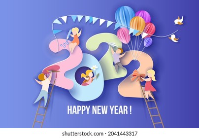 2022 New Year design card with kids on purple background. Vector illustration. Paper cut and craft style.