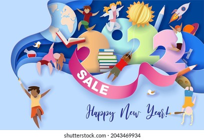 2022 New Year design card with kids on blue wavy background. Vector illustration. Paper cut art and craft style.