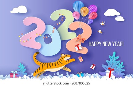 Tarjeta de diseño de Año Nuevo 2022 con tigre sobre fondo de invierno azul. Ilustración vectorial. Arte de corte de papel y estilo artesanal.