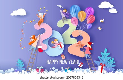 2022 New Year design card with kids on blue winter background. Vector illustration. Paper cut art and craft style.