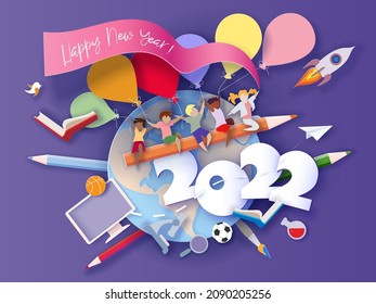 2022 New Year design card with kids on purple background. Vector illustration. Paper cut art and craft style.