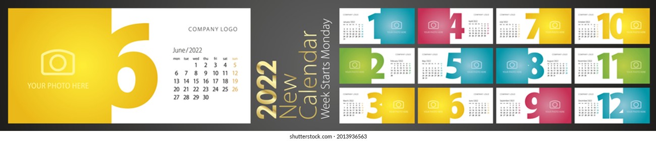 2022 New Year Desk Calendar week starts monday colorful landscape background