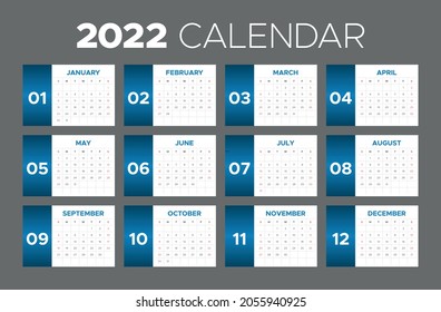2022 new year desk and wall calendar, planner and schedule template for print. Weeks start on sunday