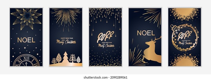 2022 new year. Fireworks, golden garlands, sparkling particles. Set of Christmas sparkling templates for stories, holiday banners, flyers, cards, invitations, covers, posters. Vector illustration