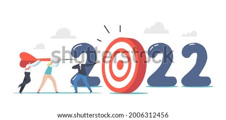 2022 New Year Goal Achievement Concept. Tiny Business Characters Throw Huge Darts into Target, Office Workers Opportunity, Plan and Idea Project. People Achieve Goal. Cartoon Vector Illustration