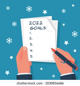 2022 new year goal. Man holds a sheet in hand with a plan for next year. Business motivation with text plan action in notepad. Vector flat design. Isolated on background white stars and snowflakes.