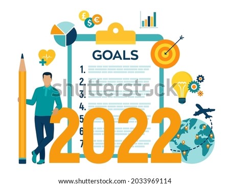 2022 New Year Goals Checklist. Future Goal And Plans. List For Upcoming New Year Making Yearly Planning For 2022. Business motivation,inspiration concept. Vector illustration with character and icons.