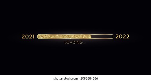 2022 New Year gold progress bar. Golden loading bar with glitter particles on black background for Christmas greeting card. Design template for holiday party invitation. Concept of festive banner.