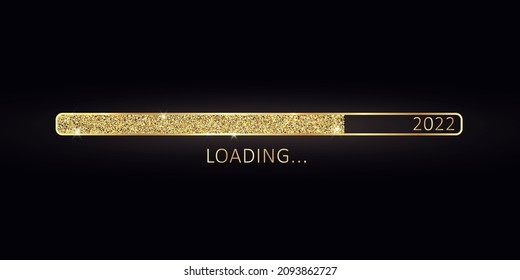 2022 New Year gold progress bar. Golden loading bar with glitter particles on black background for Christmas greeting card. Design template for holiday party invitation. Concept of festive banner.