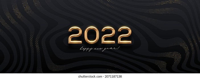 Logo de oro del año nuevo 2022 sobre fondo abstracto de olas negras. Diseño de saludo con oro metálico realista al año. Diseño para tarjetas de felicitación, invitación, calendario, etc.