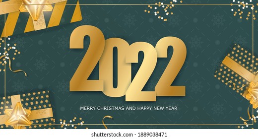 2022 new year green banner. Background with realistic gift boxes, gold ribbons and bow. Vector.
