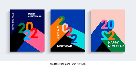 2022 New year greeting banner.Numbers with long different colors shadows. Set of flyers, posters, cards in simple geometric style. Design templates for branding, cover, card, social media. Vector.
