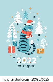 2022 New Year greeting card. Vector illustration with a cartoon cute blue tiger in Santa hat and scarf, surrounded by small firs, and gifts. Isolated on light blue background