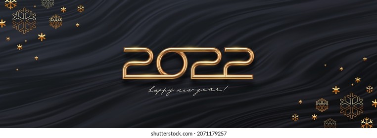 2022 new year greeting card with golden number of year and snowflakes on a black waves abstract background. Design for  invitation, calendar, greeting card, etc.