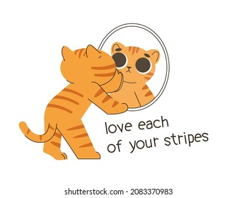 2022 New year greeting card. Cute tiger cartoon vector illustration. Tiger illustration for posters, cards, t-shirts. Symbol of new year 2022. Message of self love, self-esteem, body positive.