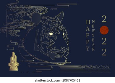 2022 New Year greeting with Zodiac Tiger in line art illustration vector, Year of the tiger design in glamour dark blue night theme