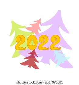 2022 New Year hand written numbers with Christmas or fir trees background. Xmas banner template. Typography design for greeting or invitation card. Vector illustration.