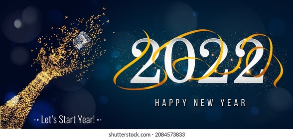 2022 New Year. 2022 Happy New Year greeting card. 2022 Happy New Year background isolated on transparent background. 2022 Happy New Year background with gold glitter champagne bottle.