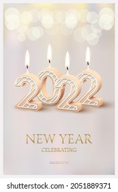 2022 New Year holiday party celebrating, greeting card vector illustration. 3d realistic golden New Year text, 2022 candle numbers with icing and fire, candlelight decor for romantic celebration