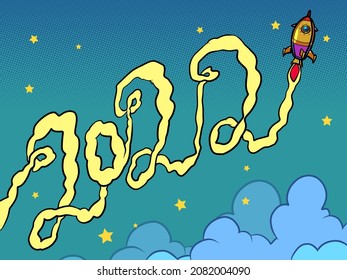 2022 new year inscription numbers, rocket trail in the sky