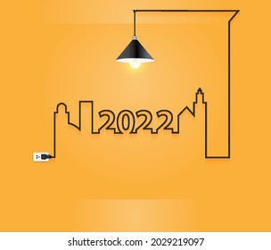 2022 new year interior design with creative wire light bulb idea concept in wall room, Vector illustration modern layout template design