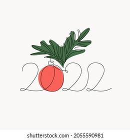 2022 New Year lettering concept. Continuous line drawing numbers, ball, fir tree branch on organic shapes background. Vector illustration for Christmas decoration design